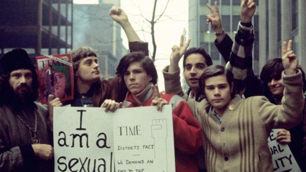 Segal (on right) campaigning with the Gay Liberation Front in 1970, a year after the uprising