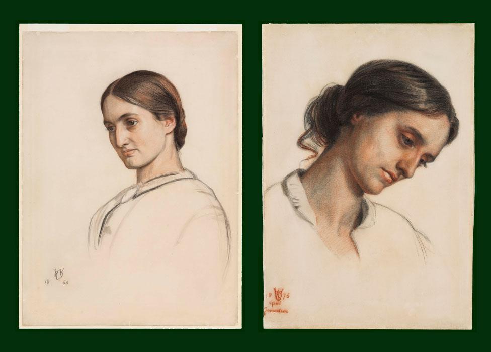 William Holman Hunt, Portrait of Fanny Holman Hunt, the Artist's First Wife, 1866 (left), William Holman Hunt, Edith Holman Hunt, 1876, red and black chalks with stumping on heavy wove paper