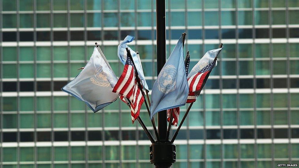 The United Nations flag flies with American flags