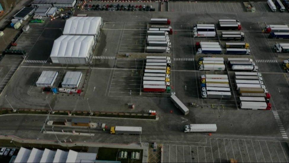 A drone shot of lorries parked at Waterbrook lorry park