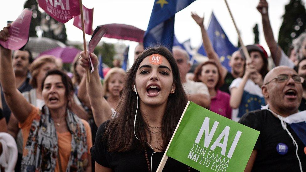 pro-euro protesters in Athens in June 2015 with banners saying 'Yes' to the euro