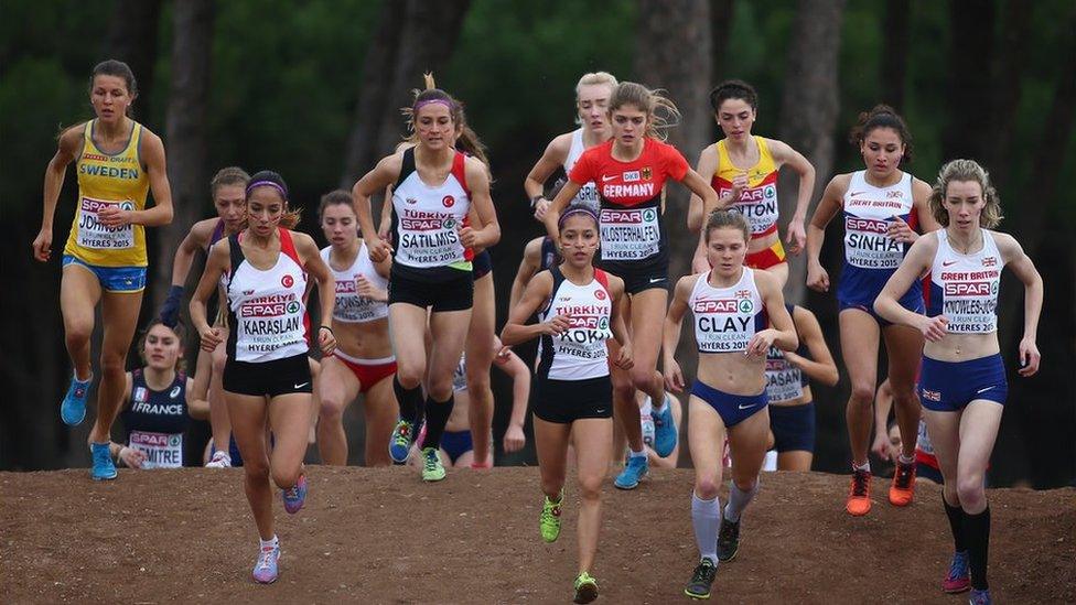 Bobby Clay running for Great Britain at the Women's Spar European Cross Country Championships - France 2015