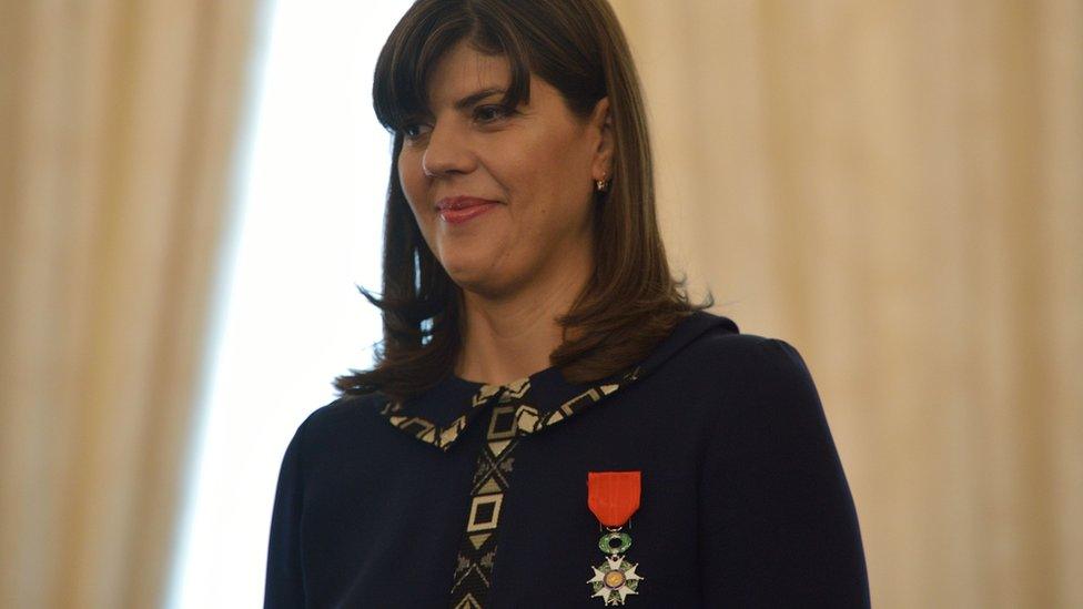 The chief prosecutor of the Anti-Corruption Prosecutor's Office (DNA) Laura Kovesi receives the Chevalier of the Legion of Honour at the French Embassy in Romania, Bucharest June 7, 2016