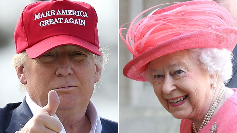 Two pictures of Donald Trump and the Queen