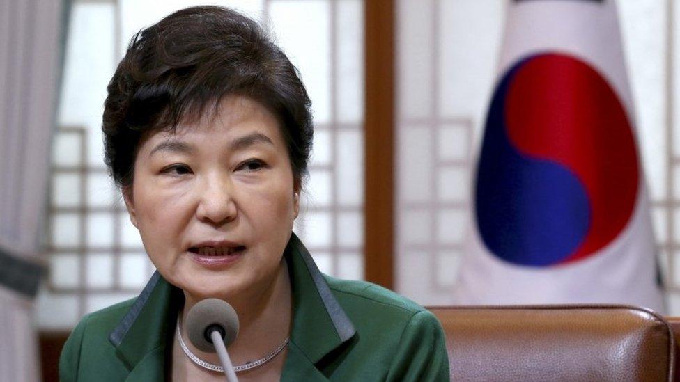 South Korean President Park Geun-hye speaks during a regular meeting with her top aides at the presidential house in Seoul, South Korea, Monday, April 18, 2016.