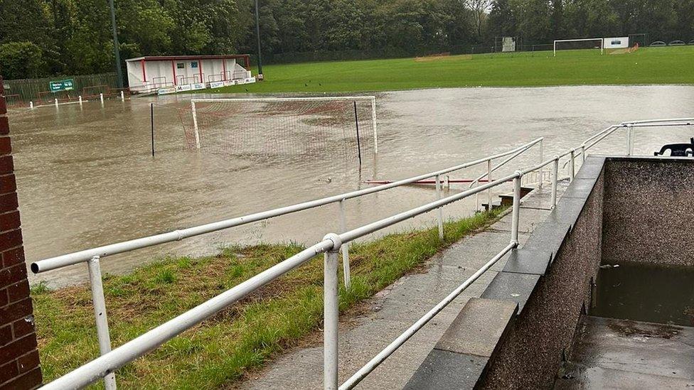 A waterlogged pitch at Worsbrough Bridge Athletic