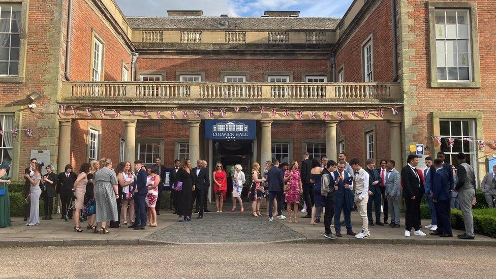 Staff and students awaiting the arrival of other guests at Colwick Hall