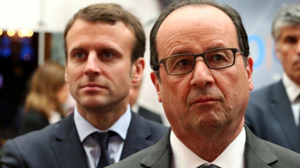 French President Francois Hollande (R) and French Economy Minister Emmanuel Macron (L) attend the Nouvelle France Industrielle event at the Elysee Palace in Paris, France, May 23, 2016