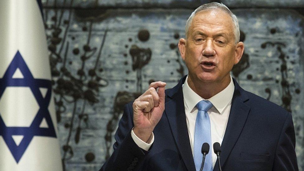 Blue and White Party Leader Benny Gantz speaks during a nomination ceremony on October 23, 2019 in Jerusalem