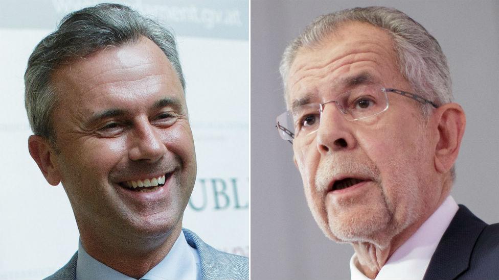 Composite image of Norbert Hofer, left and Alexander Van der Bellen