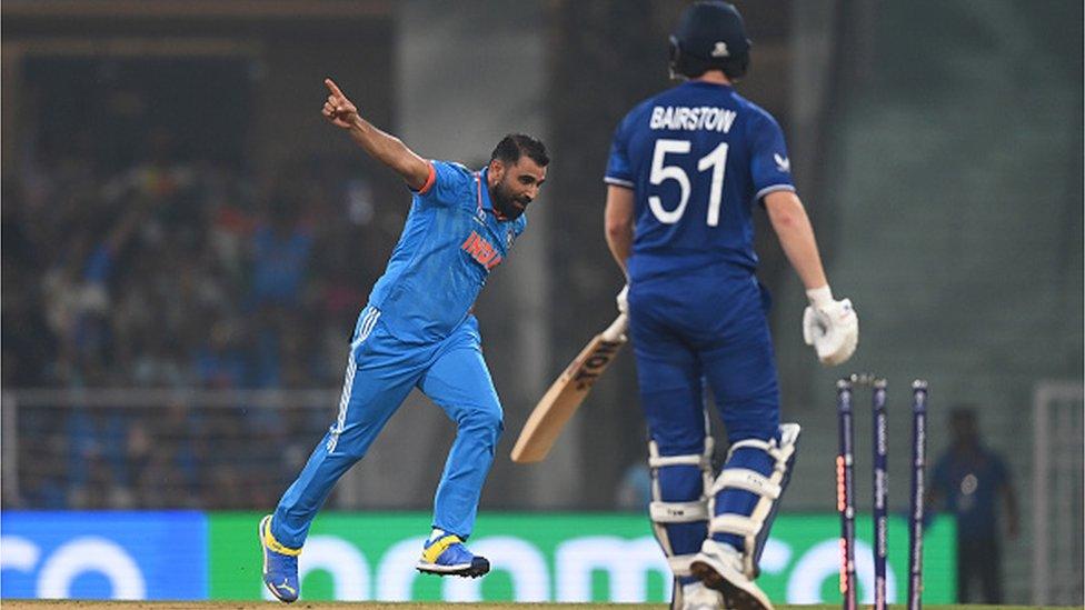 Mohammed Shami of India celebrates the wicket of Jonny Bairstow of England during the ICC Men's Cricket World Cup India 2023 between India and England at BRSABVE Cricket Stadium on October 29, 2023 in Lucknow, India. (