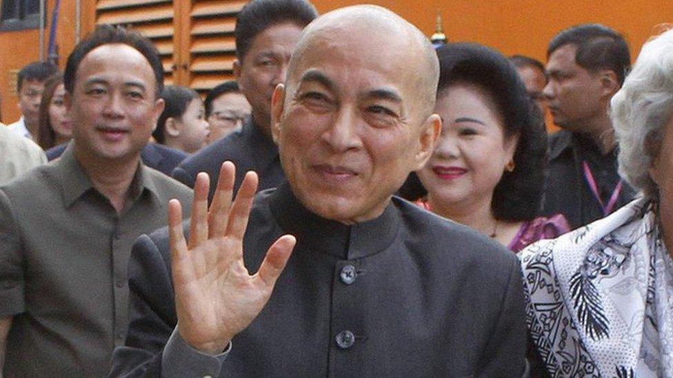 Cambodia's King Norodom Sihamoni and his mother, former queen Monique, at the railway station in Phnom Penh on December 30, 2016.