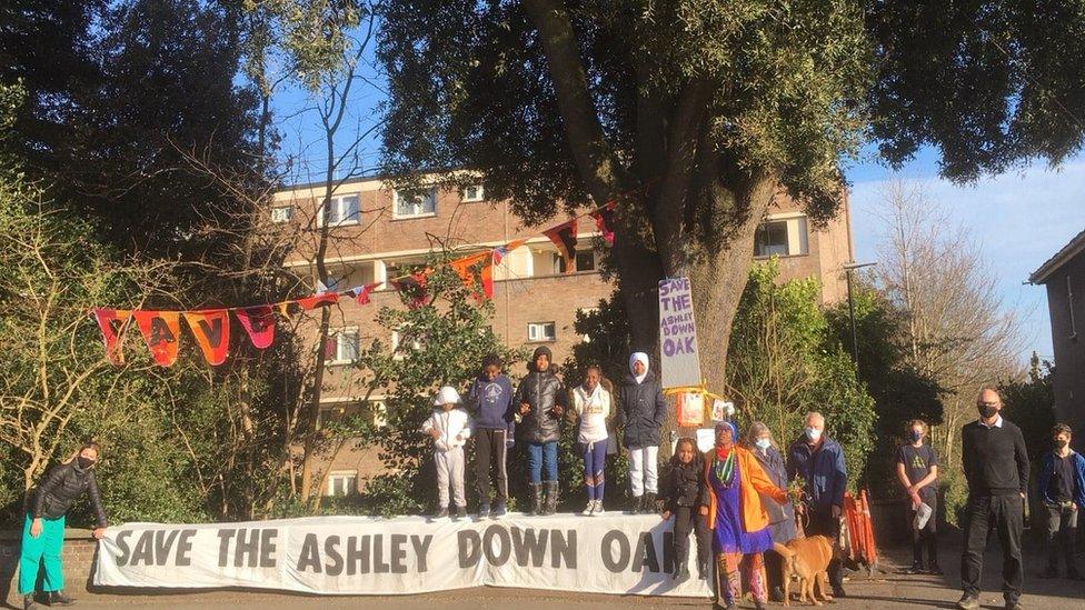 Save The Ashley Down Oak campaigners in front of the tree