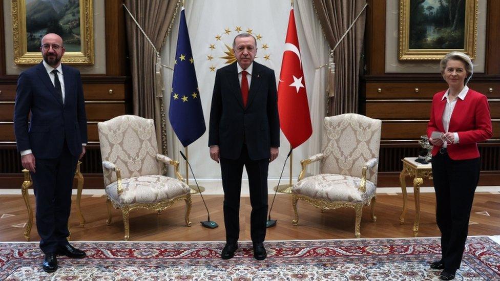 Turkish President Recep Tayyip Erdoğan (C), EU Council President Charles Michel (L) and President of EU Commission Ursula Von der Leyen (R) pose before their meeting at the Presidential Place in Ankara, Turkey, 6 April 2021