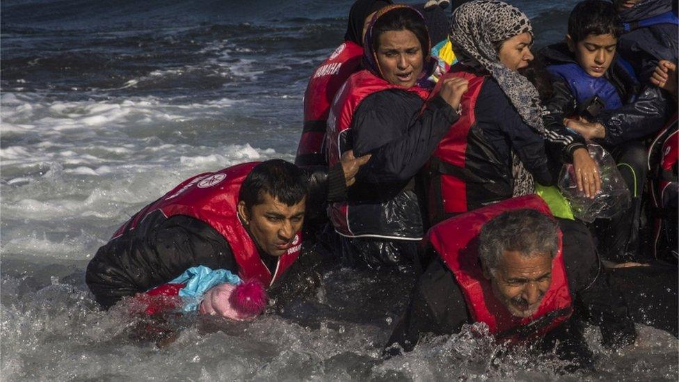 Afghan migrants arriving on Lesbos by boat, 28 Oct 15