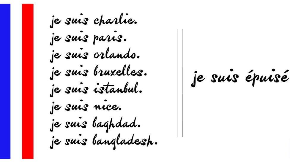 Tweet in French which concludes; "Je suis epuise" or I am exhausted