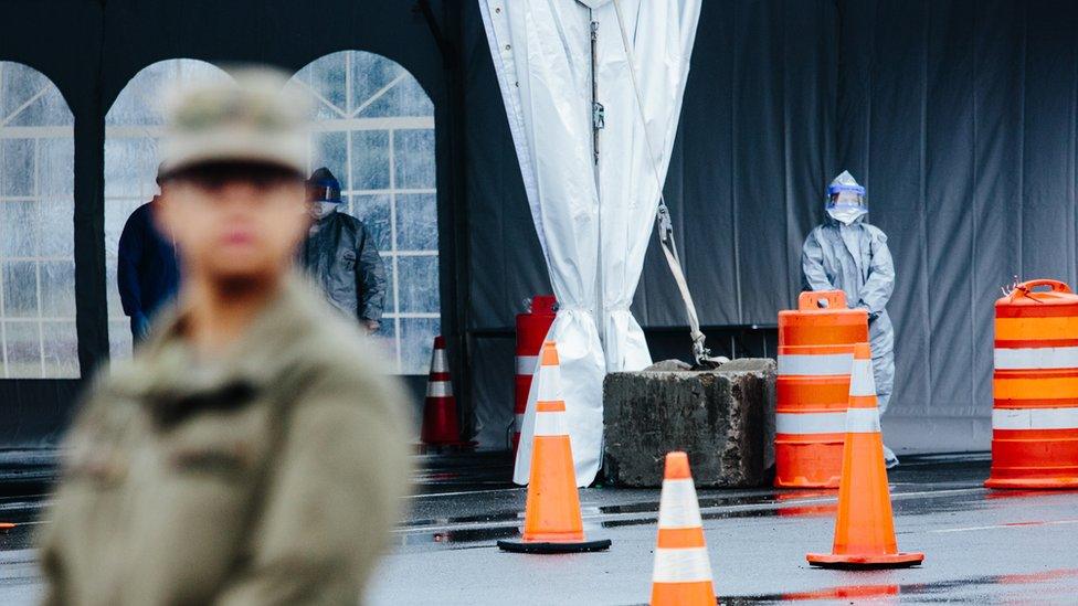 A drive through coronavirus testing site in New York