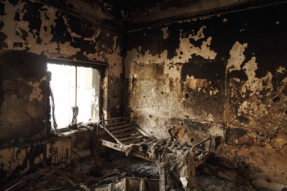 A burned-out room in the hospital