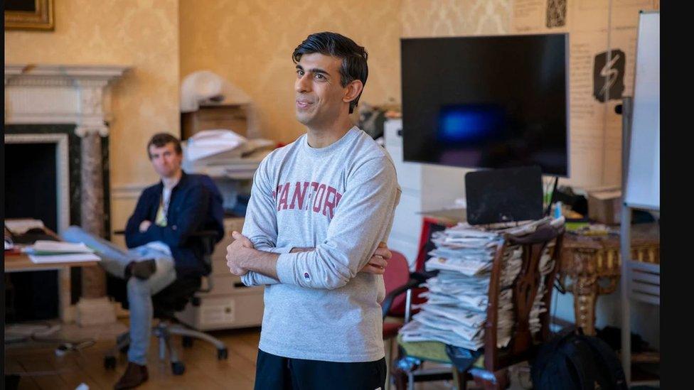 Rishi Sunak wearing his Stanford sweater