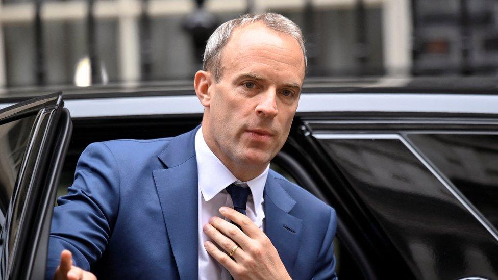 British Deputy Prime Minister Dominic Raab gets out of a car outside Downing Street