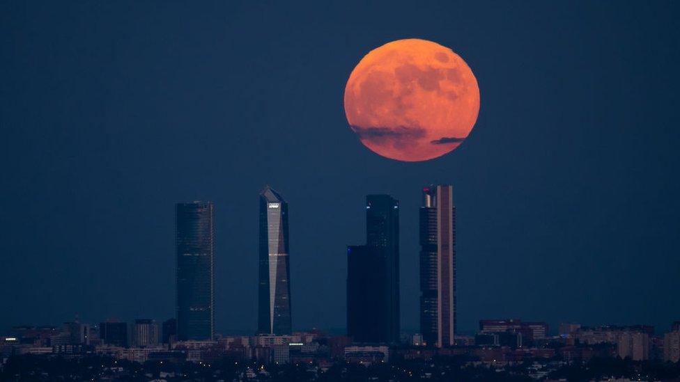 moon appears bright in sky above skyscrapers, making the city below look small