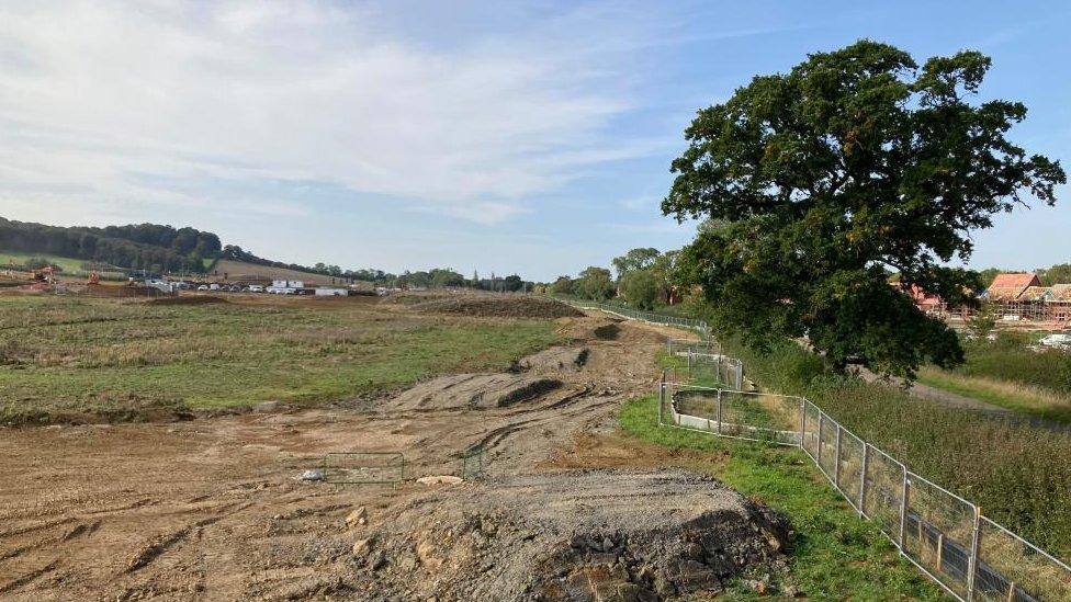 Field with dirt track in the foreground, large tree to the right and construction site in the background