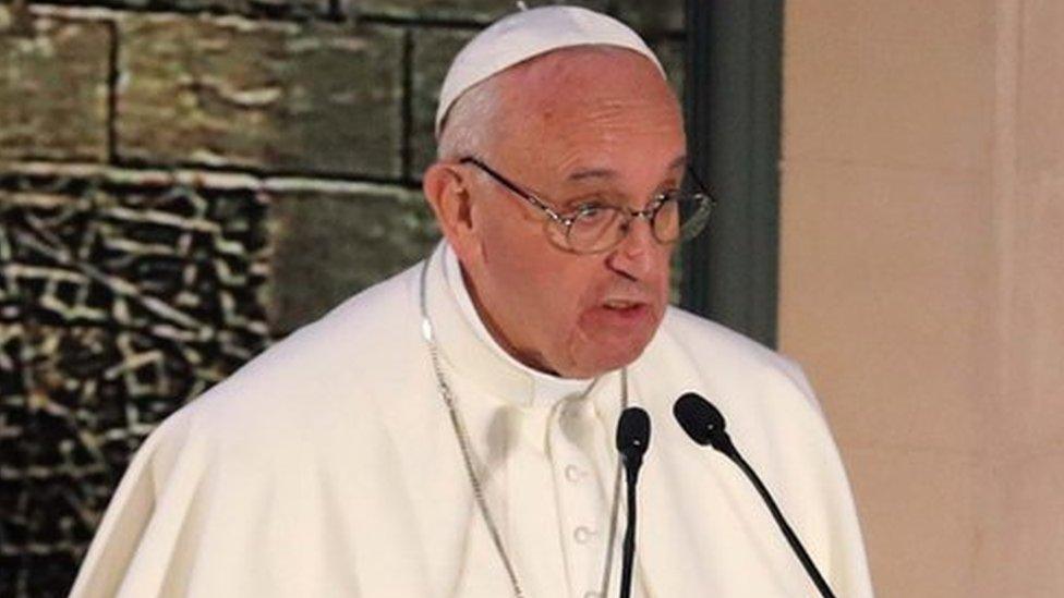 Pope Francis speaks during his meeting with Ahmed al-Tayeb, Grand Imam of Egypt's al-Azhar Institution in Cairo, Friday 28 April 2017