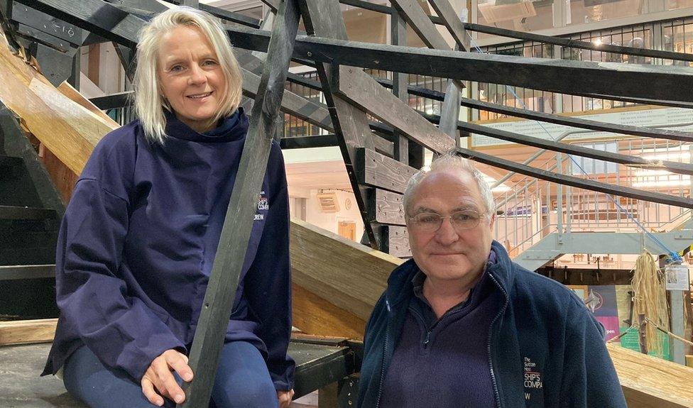 Project manager Jacq Barnard and master shipwright Tim Kirk at the shed in Woodbridge where the ship is being built