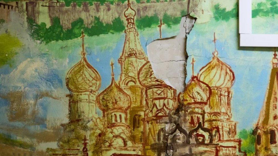 Painting of a Russian Orthodox Cathedral suffering from cracked plaster