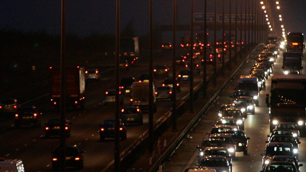 Northbound and southbound traffic on M1 Motorway near Hertfordshire, United Kingdom.