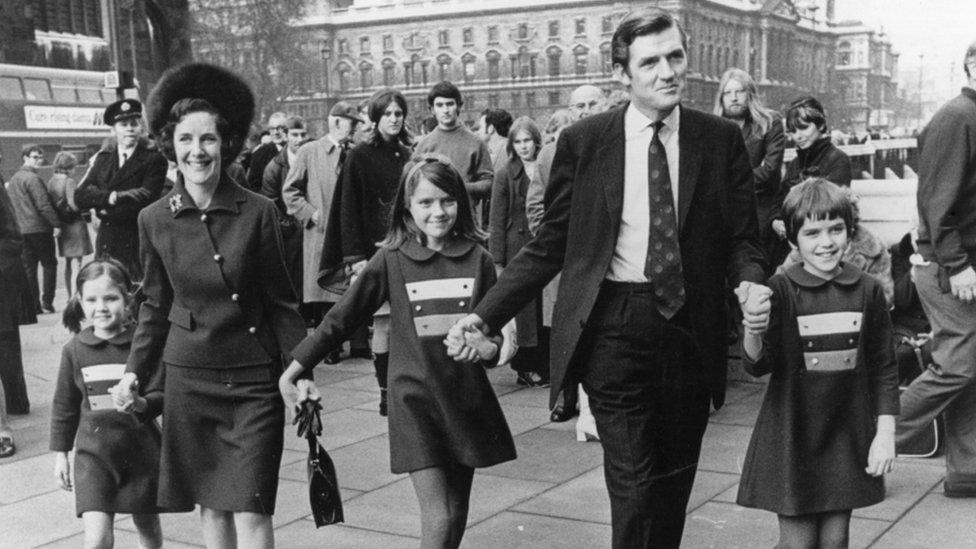 Cecil Parkinson after his by-election victory in 1970, arriving at the House of Commons with his family, prior to taking his seat in Parliament.