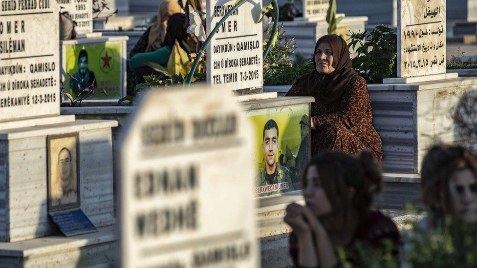 Mourners attend the funeral of a Kurdish Syrian Democratic Forces (SDF) fighter in Qamishli, Syria (14 October 2019)