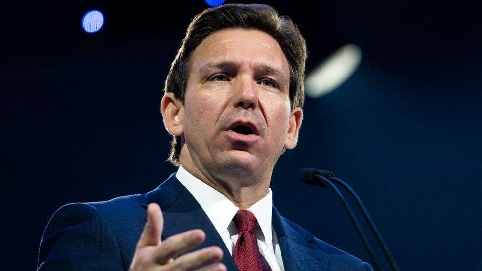 Florida Governor Ron DeSantis speaks during a convocation at Liberty University's Vines Center