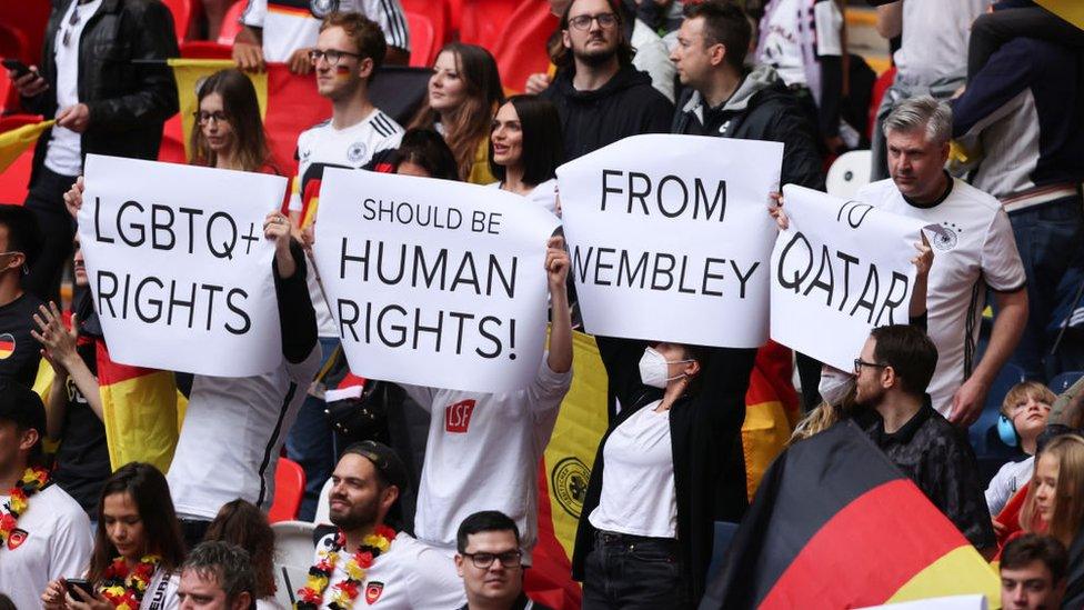 German fans protest for human rights and against qatar during the UEFA Euro 2020.