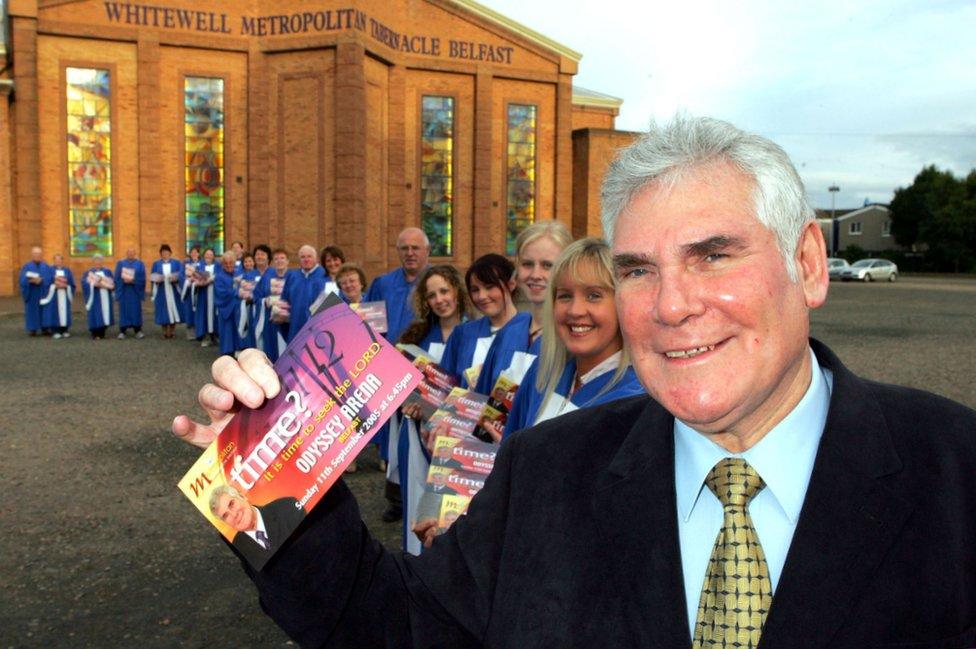 Pastor James McConnell and 21 church volunteers outside the Whitewell Metropolitan Tabernacle