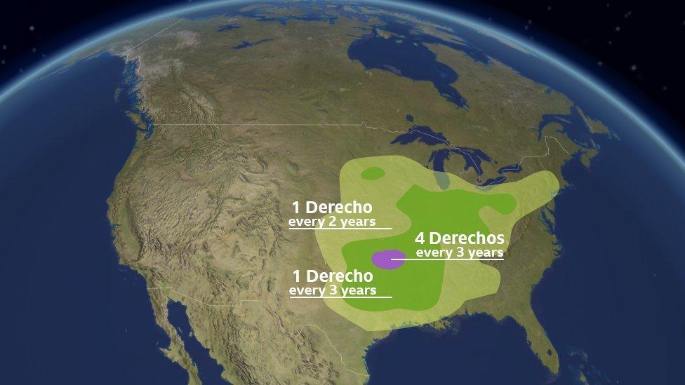 Map of United States showing areas most frequently hit by Derecho storms.