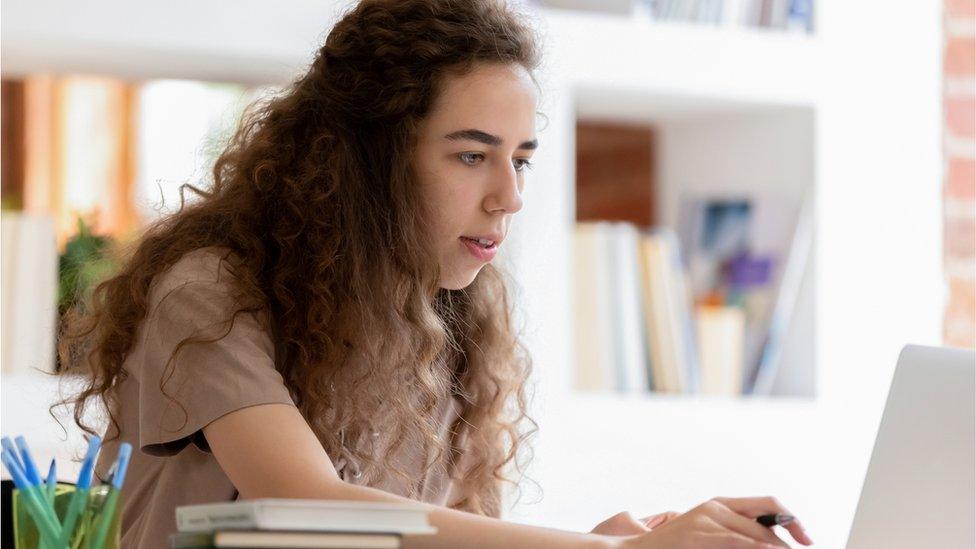 woman looking at laptop