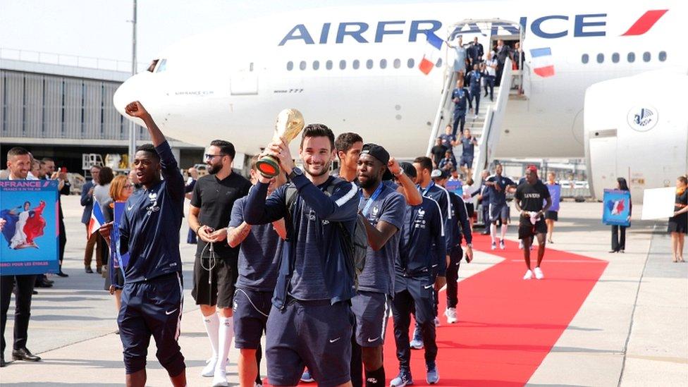 The French team returns from the World Cup in Russia at Charles de Gaulle Airport, Paris on 16 July 2018