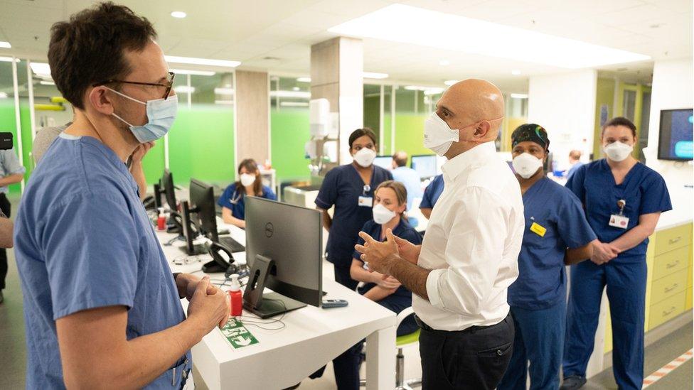 Health Secretary Sajid Javid talking to consultant, Steve James who has spoken about his refusal to be vaccinated despite working in intensive care since the start of the pandemic.