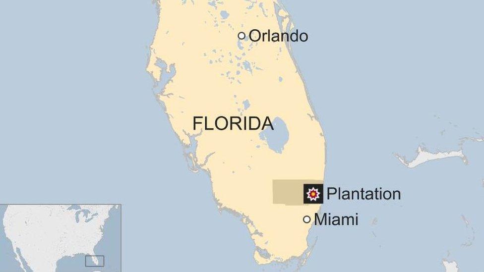 Map of Florida with Orlando, Miami and Plantation pointed out