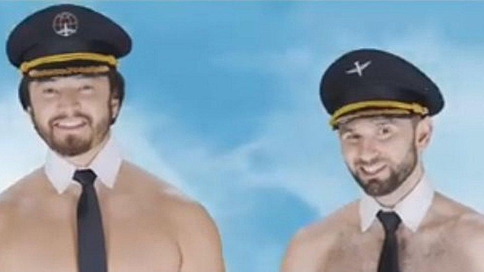 Screen shot from the video advertisement showing two naked pilots wearing hats and ties - from the shoulders up