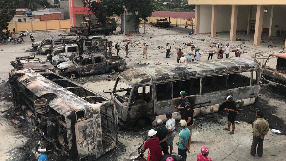 Burnt buses in central Binh Thuan province, Vietnam June 2018