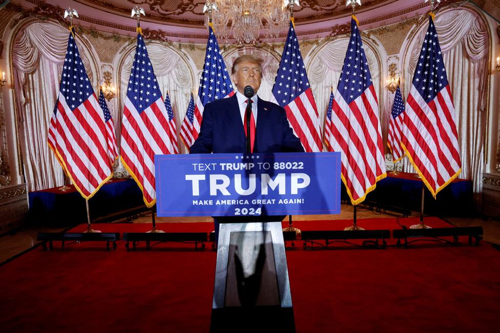 Former U.S. President Donald Trump announces that he will once again run for U.S. president in the 2024 U.S. presidential election during an event at his Mar-a-Lago estate in Palm Beach, Florida, 15 November 2022.