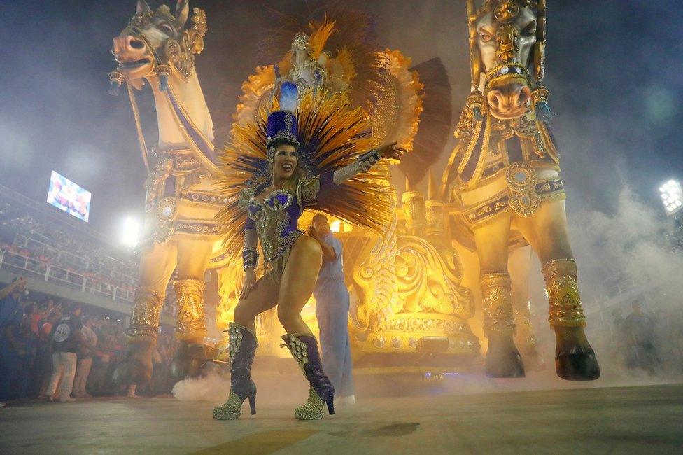 Revellers from Vila Isabel samba school perform during the second night of the Carnival parade at the Sambadrome in Rio de Janeiro, Brazil March 4, 2019