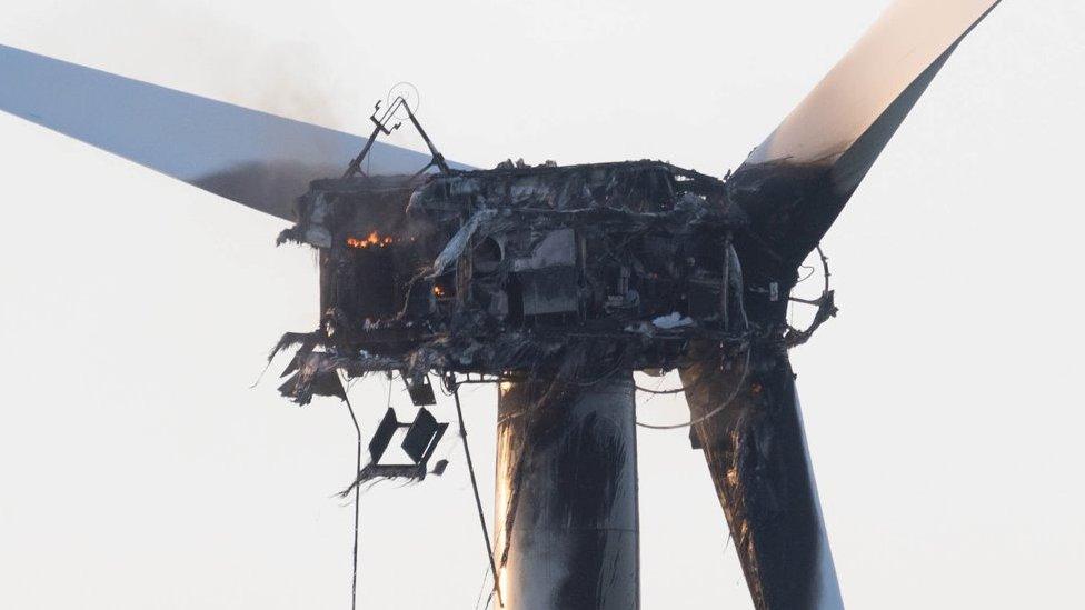 Wind turbine on fire at Thorney, near Peterborough