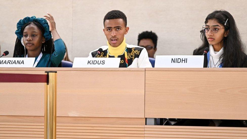 Twelve-year-old Colombian human rights defender Mariana, sixteen-year-old Ethiopian leader of the National Child Parliament Kidus and fourteen-year-old Malaysian advocate, author and podcaster Nidhi attend a panel on children's rights and the digital environment