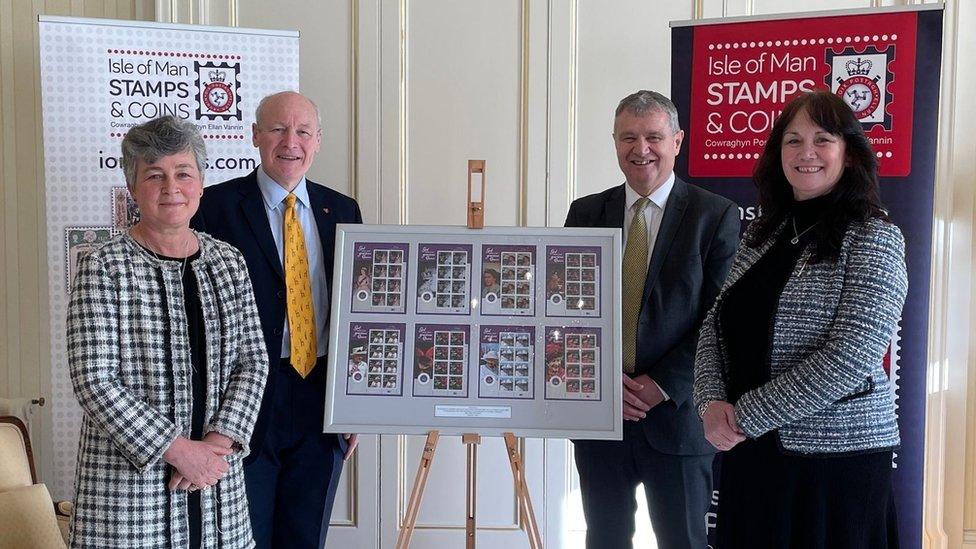 Sir John Lorimer and Lady Lorimer (left) and Post Office chair Chris Thomas MHK and vice chair Diane Kelsey