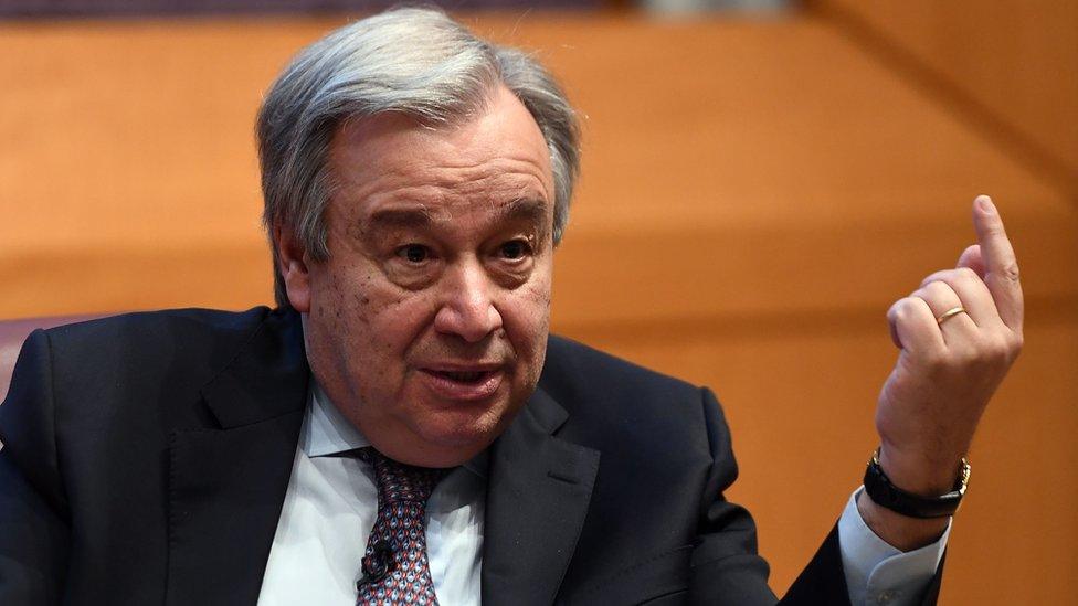 UN Secretary-General Antonio Guterres speaks on climate change at the New York University Stern School of Business, in New York on May 30, 2017