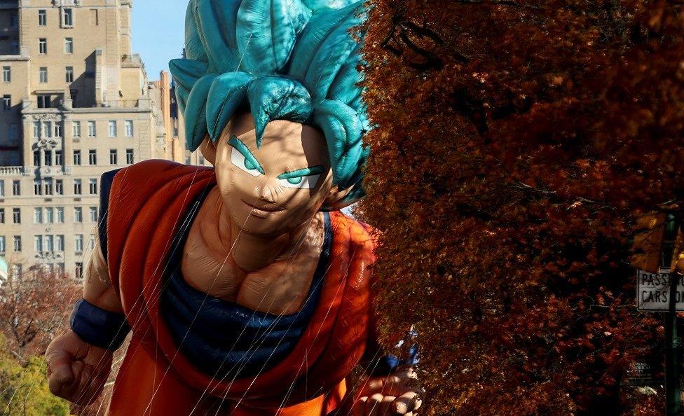 Goku balloon flies during the 97th Macy's Thanksgiving Day Parade in Manhattan, New York City, 23 November 2023