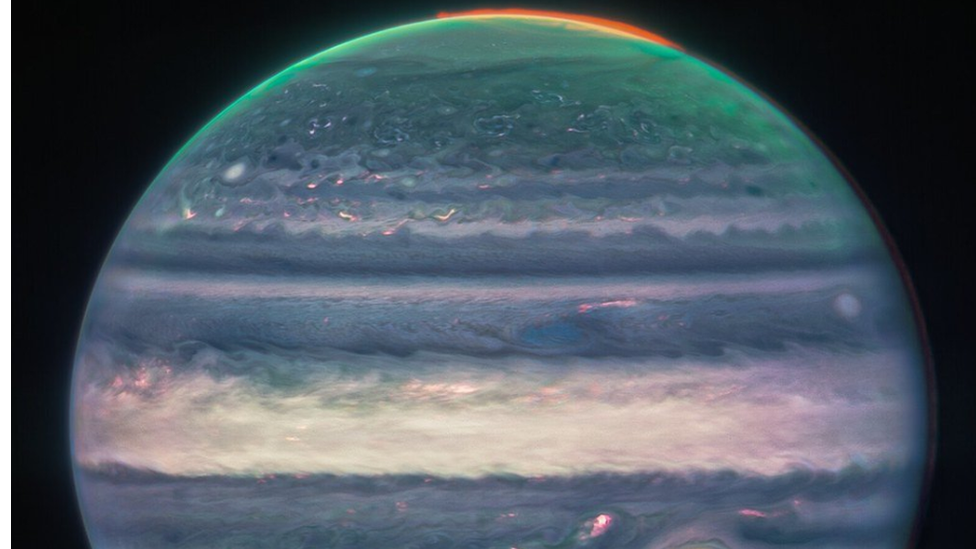 A composite image of Jupiter by the James Webb Space Telescope